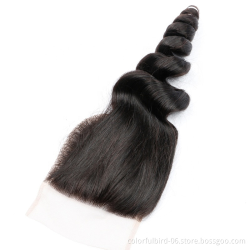 Wholesale  virgin remy hair loose wave 4*4 closure Swiss Lace Frontal natural color 4x4 lace Peruvian hair
